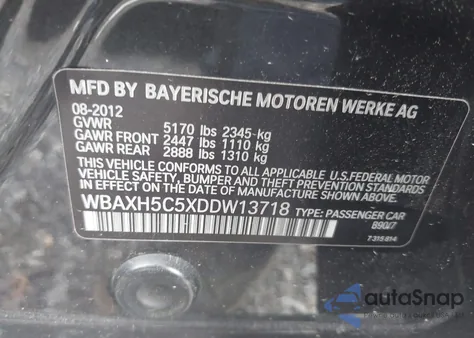 2013 BMW 528I xDrive из США, поврежденный, VIN WBAXH5C5XDDW13718